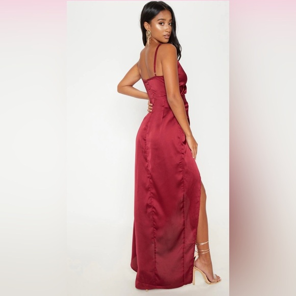 PRETTY LITTLE THING ~ Burgundy Satin Wrap-Detail Maxi Dress ~ Front Slit ~ Sz 8 - Picture 4 of 6